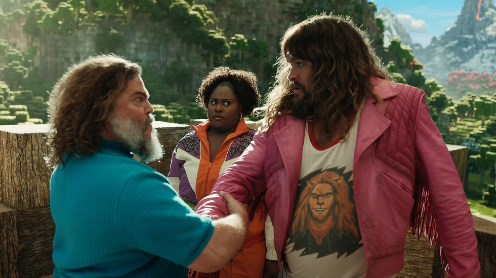 (L-r) JACK BLACK as Steve, DANIELLE BROOKS as Dawn and JASON MOMOA as Garrett in Warner Bros. Pictures’ and Legendary Pictures’ “A Minecraft Movie,” a Warner Bros. Pictures release.