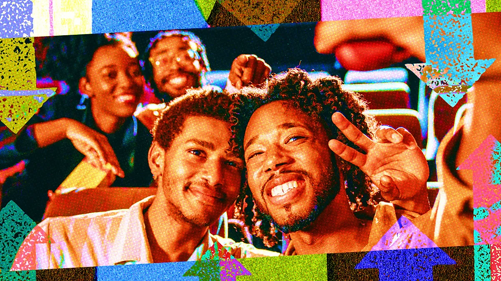 A group of young people at the movies with a creative design over it.